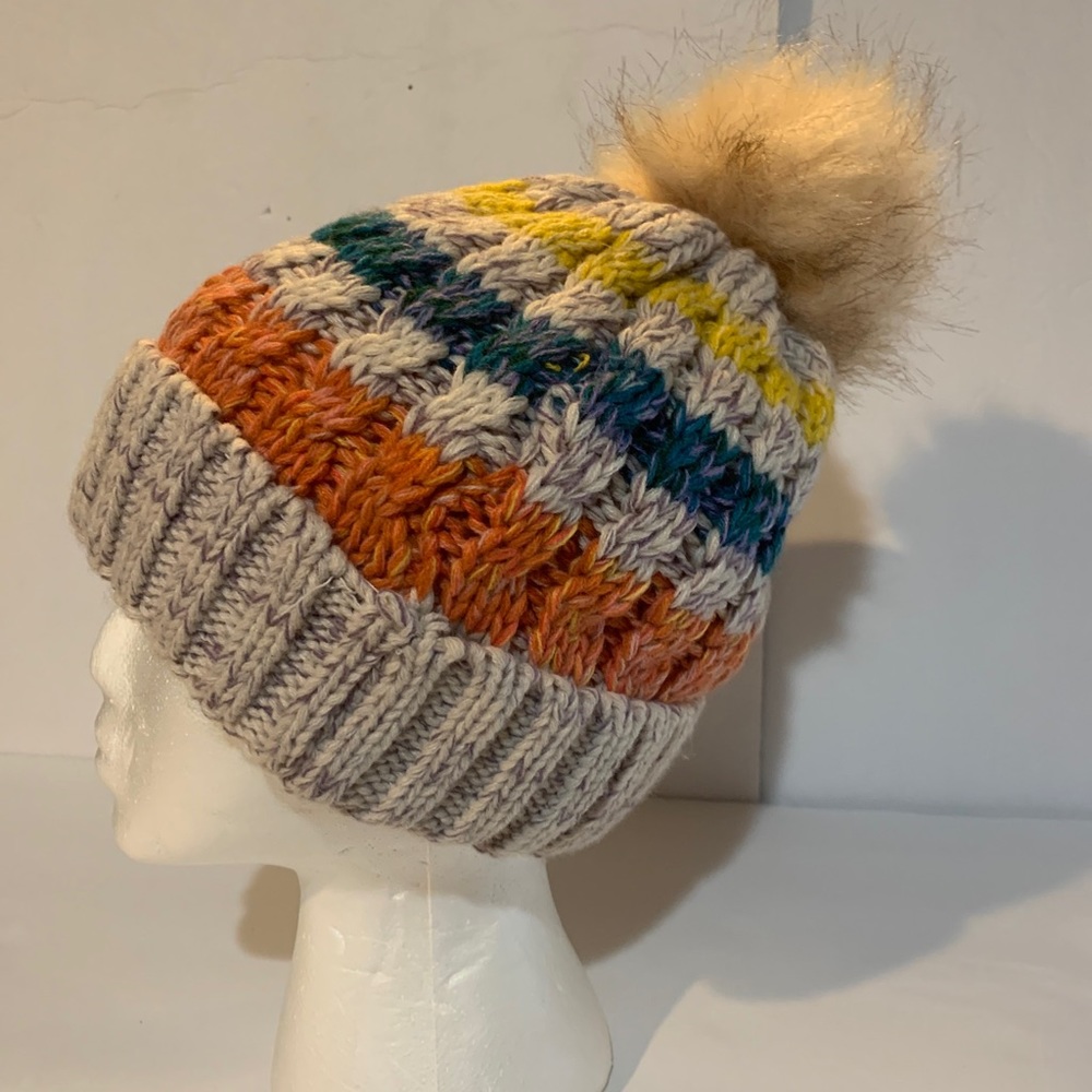 Beanie Hat  Knitted Beige Multicolor With Faux Fur Pom Pom